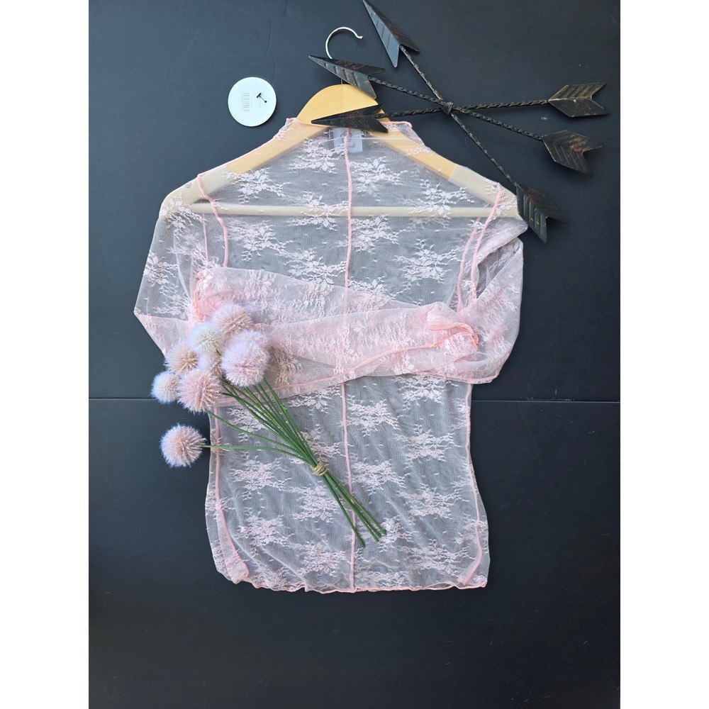 NWT Pink Sheer Floral Lace Top Mock Neck Thumbhole Balletcore Coquette Small